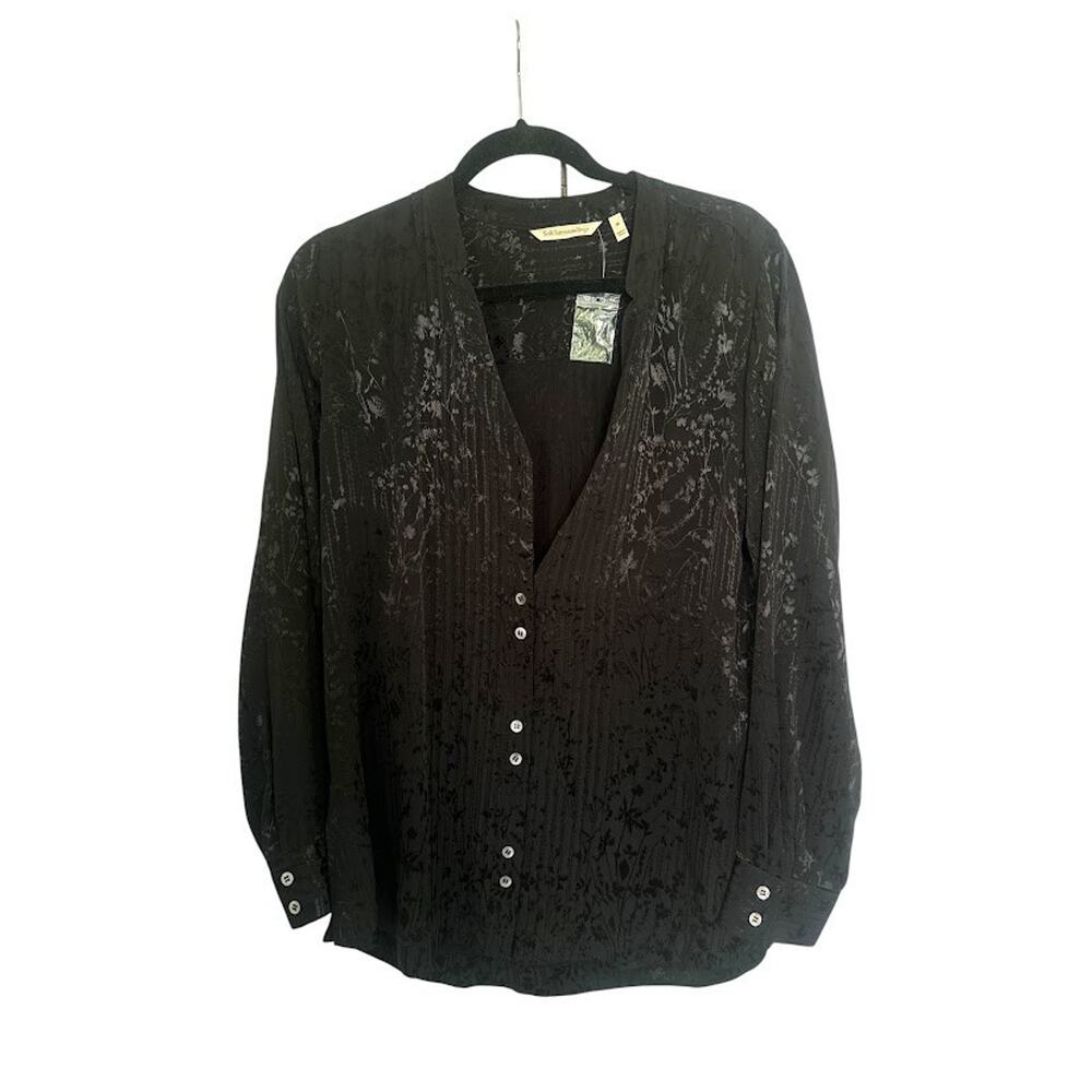 Soft Surroundings Floral Whimsigoth‎ Jacquard Pintuck Blouse Black Womens Medium